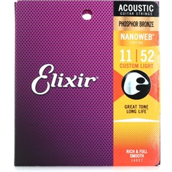 Elixir Strings 16027 Nanoweb Phosphor Bronze Acoustic Guitar Strings - .011-.052 Custom Light