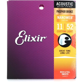 Elixir Strings 16027 Nanoweb Phosphor Bronze Acoustic Guitar Strings - .011-.052 Custom Light